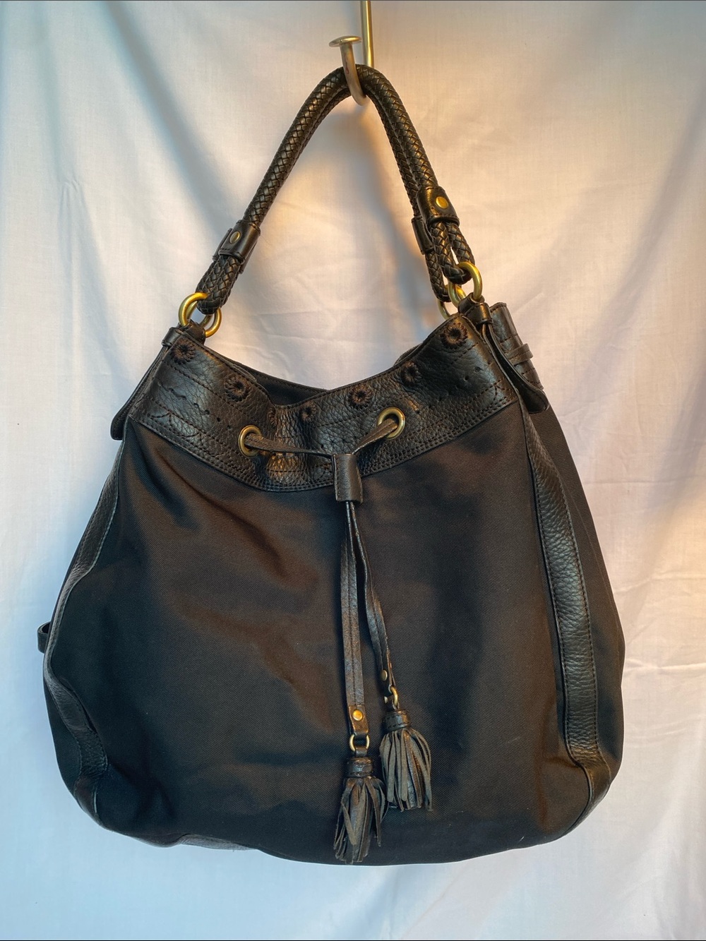 Cole Haan Black Drawstring Hobo Shoulder Bag with Tassels